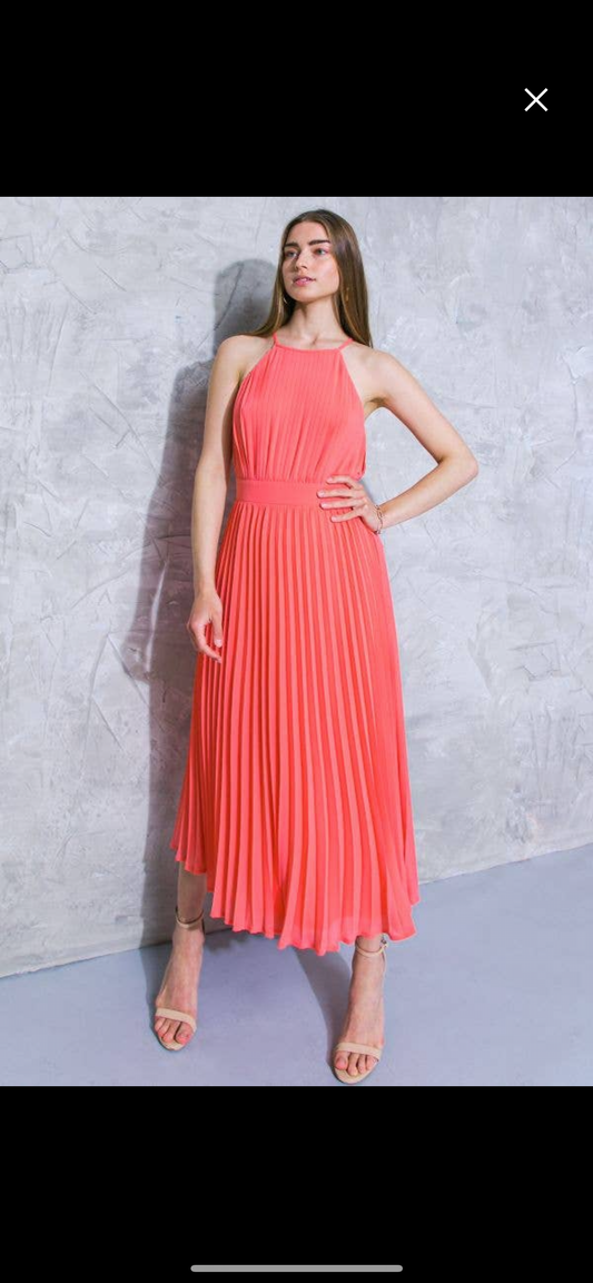 Coral pleated midi dress